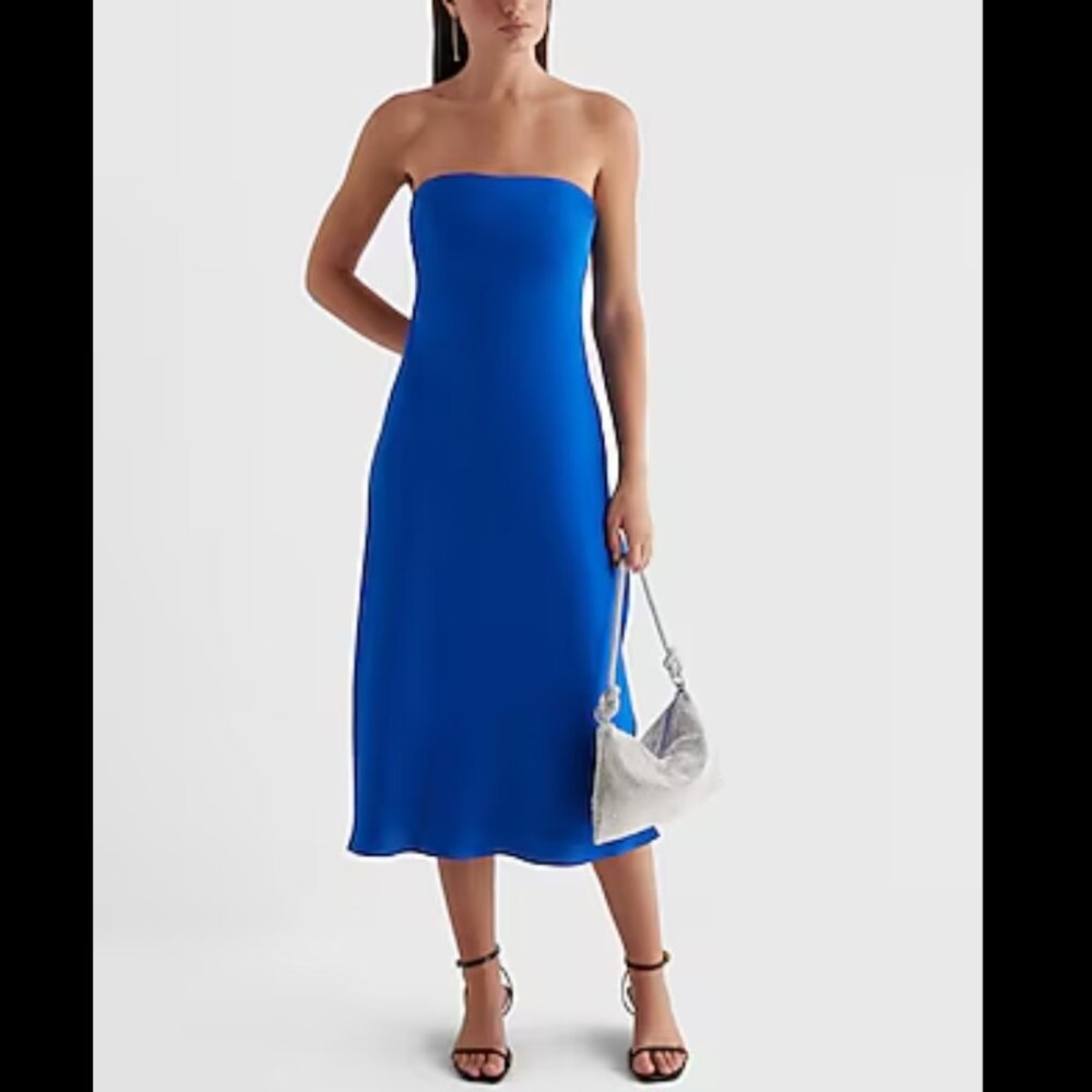 Satin Strapless Midi Slip Dress Express Colbalt Blue
